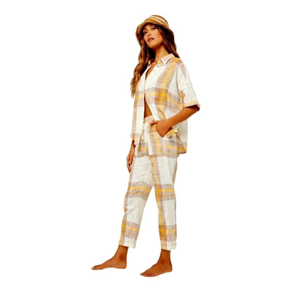 L*Space Isle Sun Plaid Button-Up Shirt Cream Orange S – Relaxed Summer Beach Sty - Picture 9 of 11